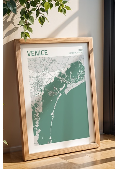 Venedik İtalya Italy Haritası Çerçeveli Tablo Lüks Salon Ofis Duvar Dekorasyonu Hediyelik Tablo Kayın