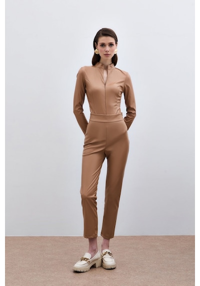 Sateen Yüksek Bel Deri Pantolon - Camel-135287 Camel