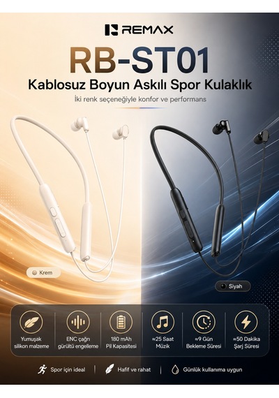 Remax RB-ST01 Bluetooth 6.0 Boyun Bantlı Kulak İçi Spor Kulaklık