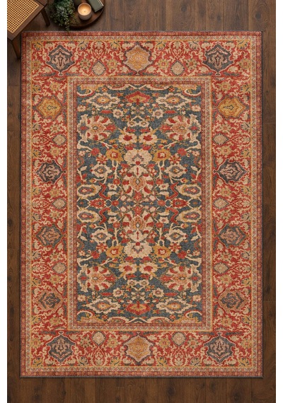 Artloop İstanbul Kırmızı Vintage Desenli Dokuma Tabanlı Şönil Halı Al 640 Kırmızı - Vintage Desenli