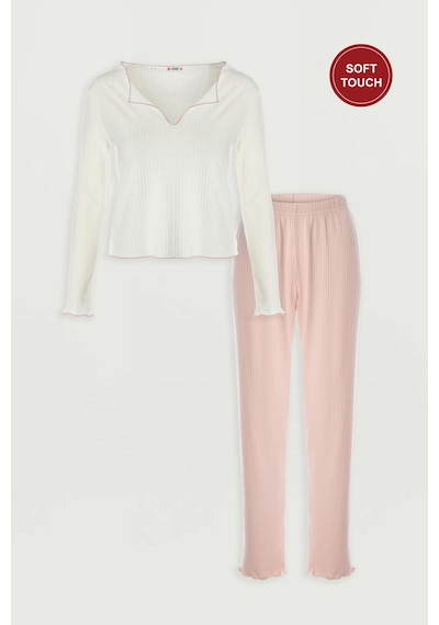 Kadın Soft Touch Fitilli Kalp Detaylı Uzun Kollu Pijama Takımı Kk70640 Ekru - Pembe