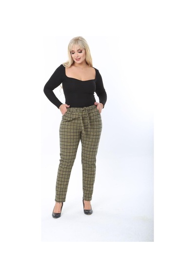 Sea Queen Kadın Büyük Beden Yüksek Bel Kuşaklı Desenli Kaşkorse Pantolon Yesil Kareli - 691783498 Yesil Kareli