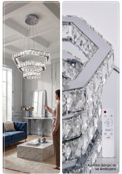 Alalighting Krom 3 Katlı Altıgen Ledli Kristal Taşlı Lüks Avize