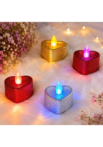 144 Adet Yüksek Kalite Simli Kalpli Renkli Led Işıklı Mum Kırmızı Gümüş Gold Kalpli Tea Light Mum