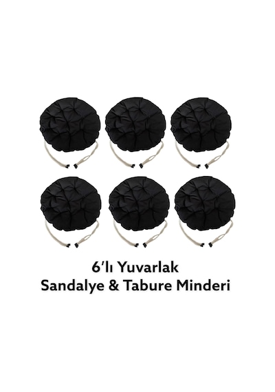6 Adet 40x40 Cm Yuvarlak Tabure Minderi - Sandalye Minderi - Puf Minder Siyah