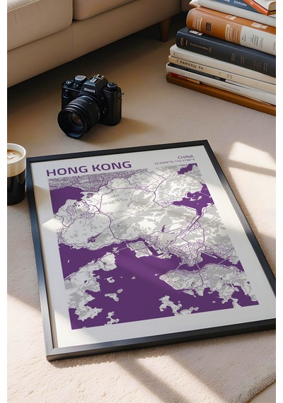 Hong Kong China Haritası Çerçeveli Tablo Lüks Salon Ofis Duvar Dekorasyonu Hediyelik Tablo