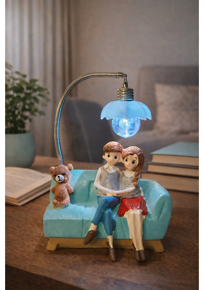 Romantik Çift Figürlü Işıklı Biblo Genç & Yatak Odası Dekoru - Sevgiliye Hediye, 18 Cm Mavi