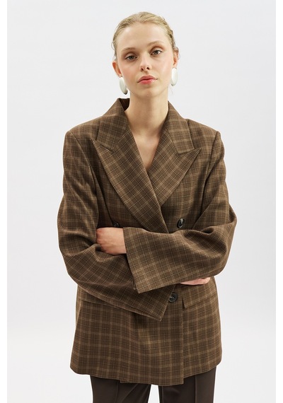 Manuka Kruvaze Ekose Blazer Ceket Kahverengi Aw25ckt00017-122 Kahverengi