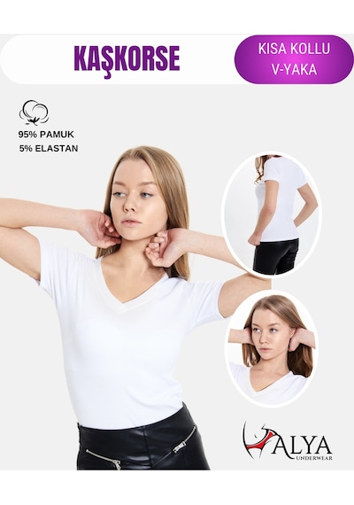 Alya Underwear V Yaka Kaşkorse Kumaşlı Kısa Kollu Bluz, Esnek Ve Pamuklu Kumaş Badi, Bej Kemik Body Beyaz