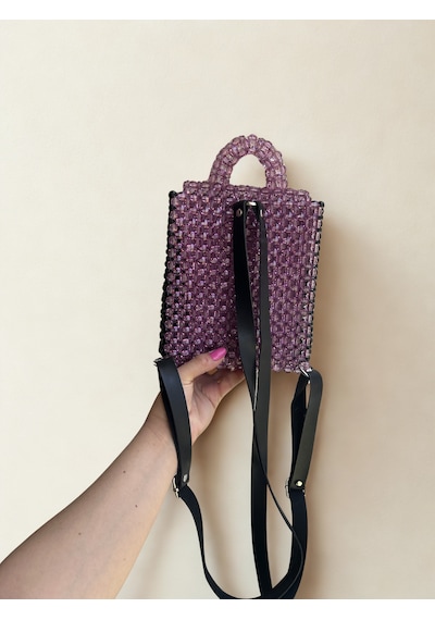 Luti Design Kadın Mor Akrilik Boncuk Sırt Çantası El Yapımı Mini Çanta, Ayarlanabilir Siyah Suni Deri Askılı Mor - Siyah Luti Design Kadın Mor Akrilik Boncuk Sırt Çantası El Yapımı Mini Çanta, Ayarlanabilir Siyah Suni Deri Askılı Mor - Siyah