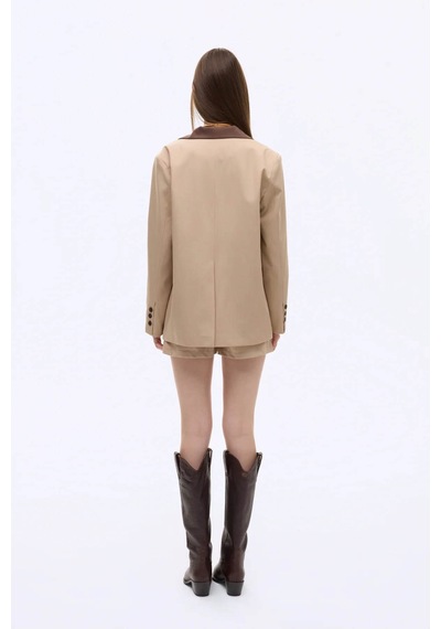 Quzu Kontrast Yaka Oversize Bej Kadın Ceket Ckt00823 Bej