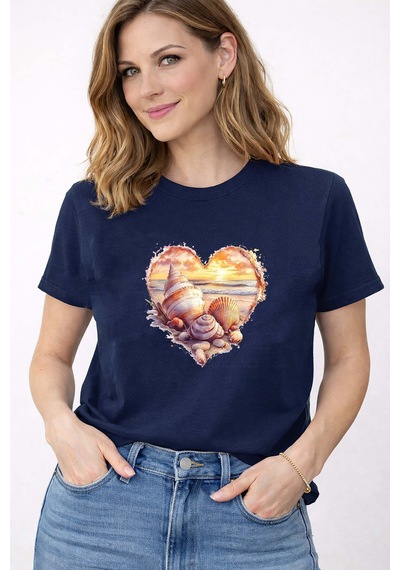Herkesemoda Sunset Love Deniz Tema Baskı Detaylı Bisiklet Yaka Pamuklu Basic T-shirt Lacivert