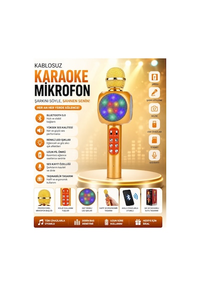 Ws-1816 Bluetooth Speaker Karaoke Mikrofonlu Kablosuz Hoparlör Hafıza Kartı Ve Usb Girişli Şarjlı Rgb Led Işıklı Müzikçalar