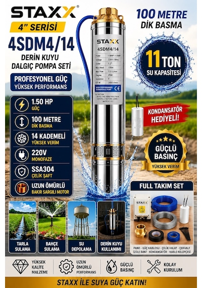 Staxx Çelik Şaftlı 14 Kademeli Derin Kuyu Dalgıç Pompa Sistemi 11ton 4sdm4/14 220v Kalem Dalgıç