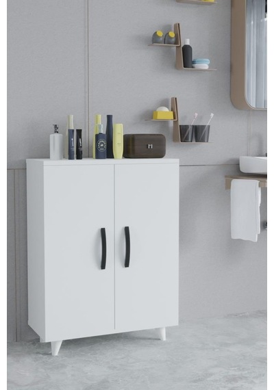 Güney 4 Raflı 2 Kapaklı Banyo Dolabı Havlu Dolabı Beyaz Beyaz
