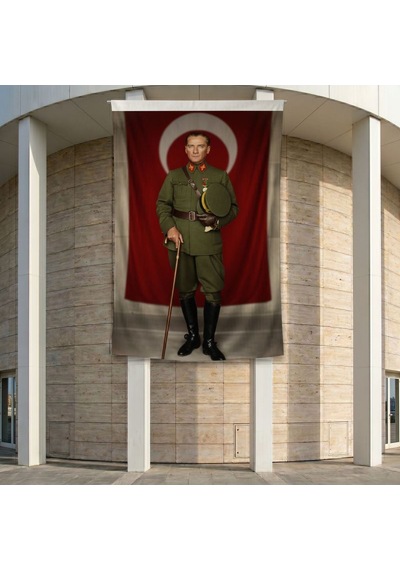 Elinde Bastonu İle Üniformalı Mustafa Kemal Atatürk Poster Bayrak Premium Raşel Kumaş Ata62 2x3m Diğer