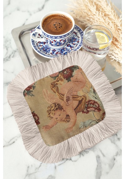 Barok Melek Saçaklı Sunum Peçetesi-vintage Klasik Eklektik Bej Krem Desenli Kahve Sunum Mendili Çok Renkli