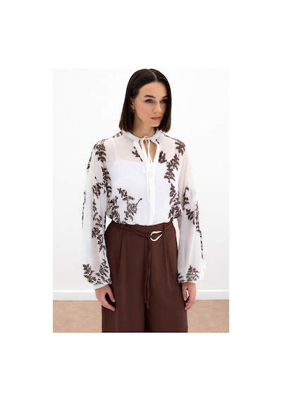 Sateen Nakışlı Şifon Gömlek - Kahve-136179 Kahve