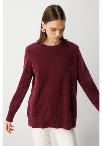 Mizalle Yuvarlak Yaka Oversize Yumuşak Dokulu Mürdüm Triko Kazak Mürdüm