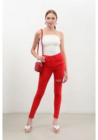 Blue White Kadın Yırtık Detaylı Jean Pantolon Kırmızı 001 Kırmızı 26
