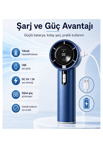 100 Kademeli Dijital Göstergeli Şarjlı El Fanı Mavi Taşınabilir Yüksek Hızlı Mini Lacivert