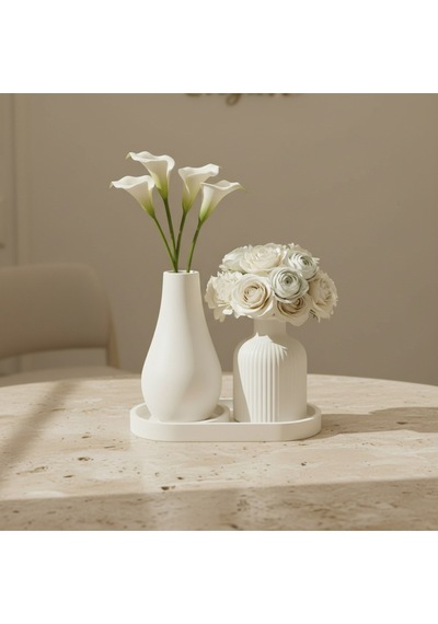 3lü Modern Vazo Ve Pampas Vazosu Seti Premium Set Beyaz