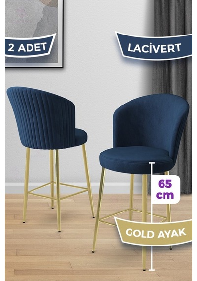 Canisa Alte Serisi 2 Adet Babyface Kumaş 65 Cm Gold Kaplama Ayaklı Lacivert Bar Sandalyesi Lacivert Sandalye Gold Kaplama Ayak