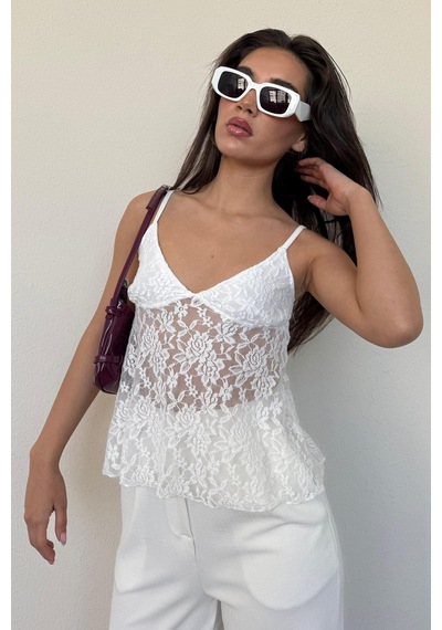Madmext Beyaz Askısı Ayarlanabilir Dantelli Bluz Mg2348