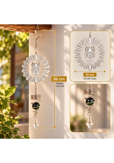 Baykuş Desenli Dekoratif Rüzgar Çanı 36 Cm Metal Gövdeli Kristal Sarkıtlı Balkon Bahçe Pencere Süsü