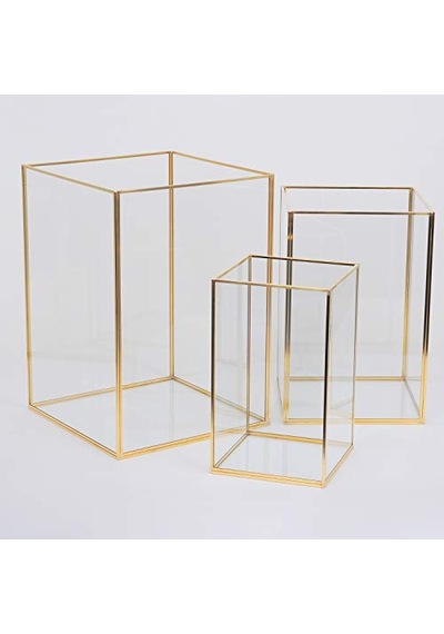 Mumluk Cam Pirinç Gold Fanus Teraryum Geometrik Yapımı Dekoratif 3 Parça Çok Renkli