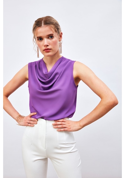 Sateen Degaje Yaka Kolsuz Bluz - Mor