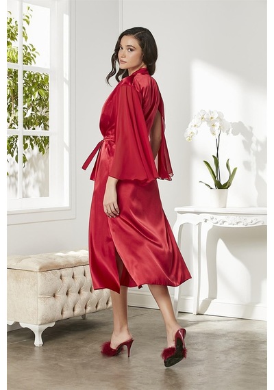 Pierre Cardin 4375 Kadın Saten Dantelli Gecelik Sabahlık Takım-kırmızı Kırmızı