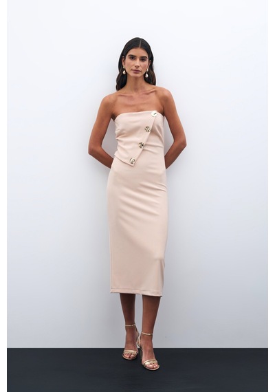 Sateen Düğme Aksesuarlı Straplez Elbise - Bej-135535 Bej Sateen Düğme Aksesuarlı Straplez Elbise - Bej-135535 Bej