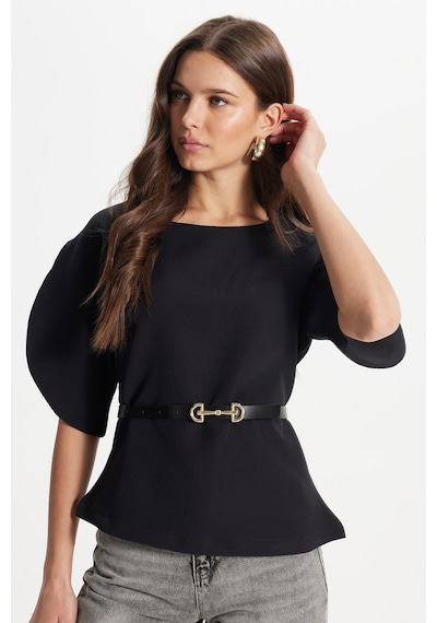 Tudors Kadın Slim Fit Dar Kesim Kol Detaylı İnce Kemerli Fermuarlı Siyah Bluz Gömlek-50758