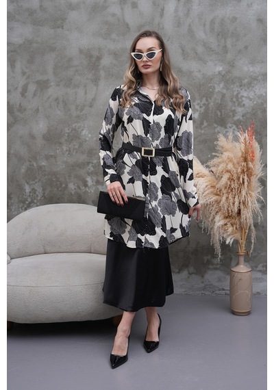 Polologin Butik Siyah Beyaz Yaprak Desenli Gömlek Tunik Siyah & Beyaz