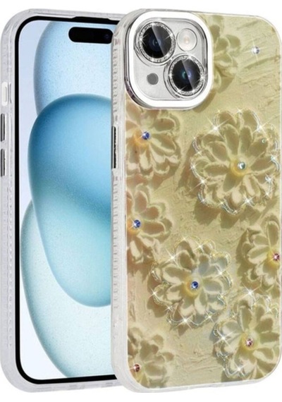 Apple Uyumlu iPhone 14 Kılıf Çiçek Desenli Parlak Taşlı Sert Silikon Zore Garden Kapak Beyaz