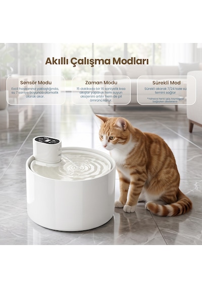 Haustier Wf03 Otomatik Kablosuz Kedi Su Pınarı, Sensörlü , Bataryalı , Ultra Sessiz, Seramik, 2,3lt Hazne