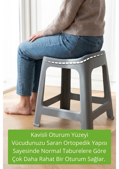 İronika 6'lı Plastik Kavisli İstiflenebilen Ortopedik Rahat Tabure - Gri