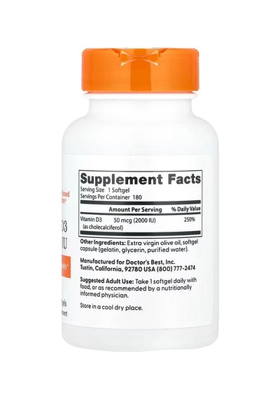 Doctor's Best Vitamin D3 50 Mcg 2,000 Iu 180 Softgels