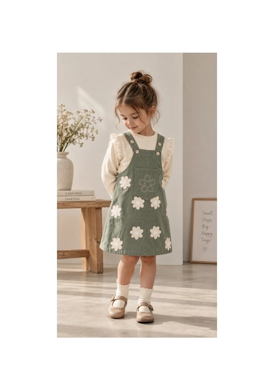 Nota Kids Kız Çocuk Çiçek Desenli Jile Elbise Takım Dantel Kollu Pudra Sweatshirt Ve Askılı Elbise Yeşil