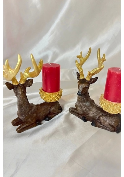 Mumluk Şamdan Yılbaşı Noel Yeni Yıl Geyik El İşi Hand Made 2 Li