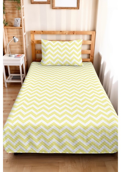 Sarı Zigzag Geometrik Genç Odası Tek Kişilik Pike Takımı - Modern 160x220 Cm Kapitone Yatak Örtüsü Ayazlı Taş Dinginliği