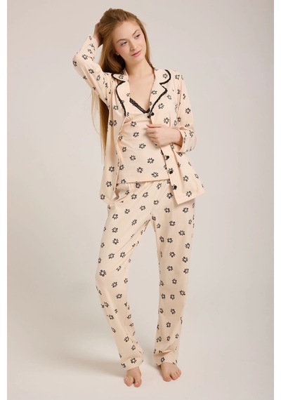 Bej Rengi Çiçek Baskılı Düğmeli Pijama Takımı Bej