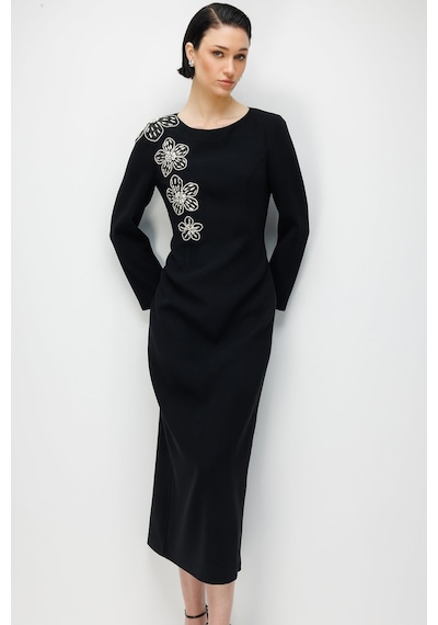 Moda İlgi Kadın Çiçek Desenli Taş Aksesuarlı Klasik Kalem Elbise 0093 Siyah Siyah Moda İlgi Kadın Çiçek Desenli Taş Aksesuarlı Klasik Kalem Elbise 0093 Siyah Siyah