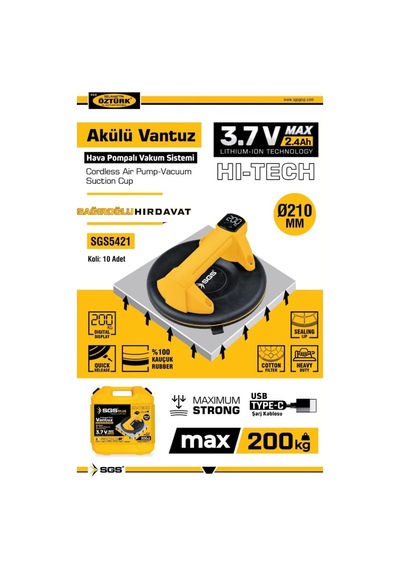 Sgs5421 Akülü Dijital Göstergeli Vakum Vantuz 200kg Taşıma Kapasiteli
