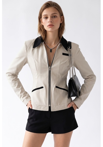 Mixray 2226 Kadın Astarlı Fileto Cepli Çift Fermuar Slim Fit Ceket Taş