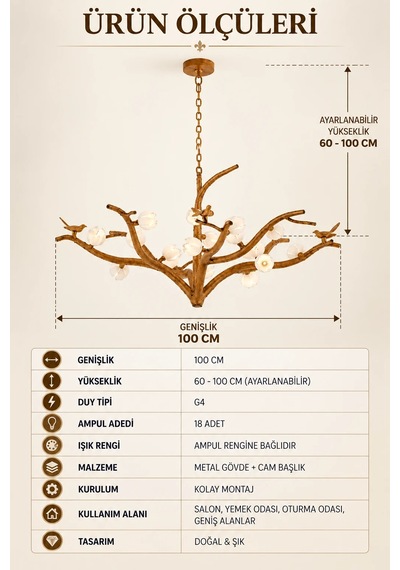 Modern Premium Doğal Ahşap Dal Tasarımlı Avize Kuş Figürlü Dekoratif Sarkıt Avize 18'li G4