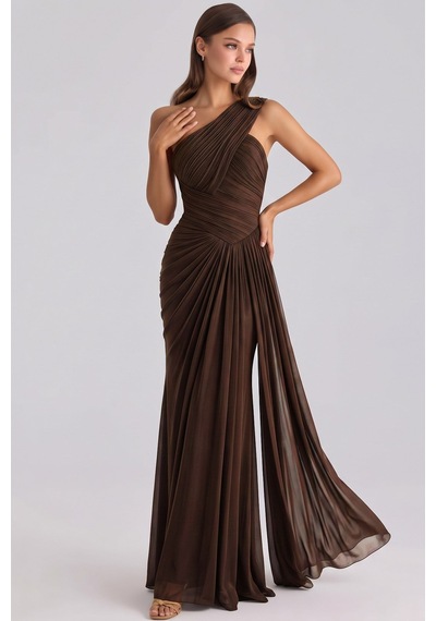 Olcay Tek Omuzdan Askılı Plise Ve Volan Detaylı Yoryo İpek Abiye Elbise Kahve 2366 Kahverengi