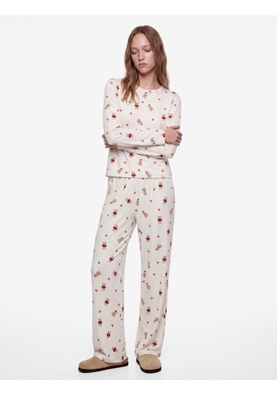 Koton Rahat Kesim Uzun Kollu Bisiklet Yaka Ayıcık Baskılı Pijama Takımı Ekru Desenli 7wlk40321mk
