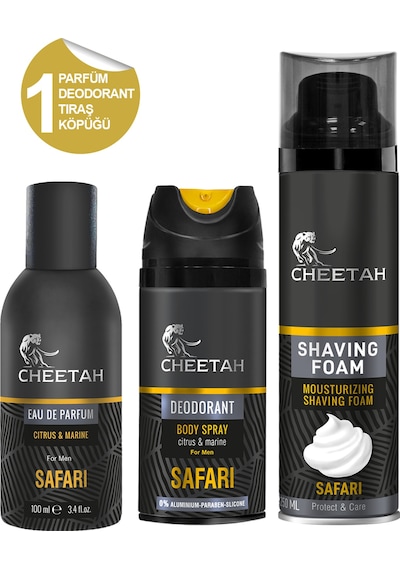 Cheetah Safari Erkek Parfüm EDP 100 ML + Sprey Deodorant 150 ML + Tıraş Köpüğü 250 ML
